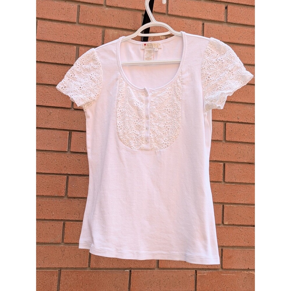 Women's (Medium) White/Cream Crochet/Lace-Yoke Short Sleeve Tee/T-Shirt/Top